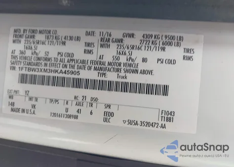 2017 Ford Transit-350 z USA, uszkodzony, nr VIN 1FTBW3XM3HKA45905